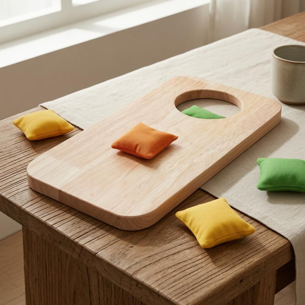 Natural Wood Sandbag Tossing Board Polished Finish Wooden Throwing Board Rounded Corners Cloth Game Set Oval Cutout for Children