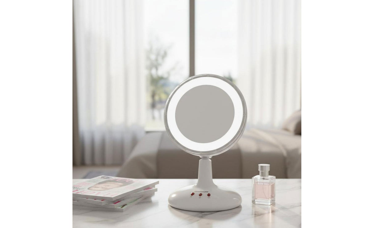 USB Rechargeable LED Makeup Mirror with Fan 60° Adjustable Angle 3 in 1 Makeup Mirror Fan Tilting Design for Women, Teens, Dorm Room, Office
