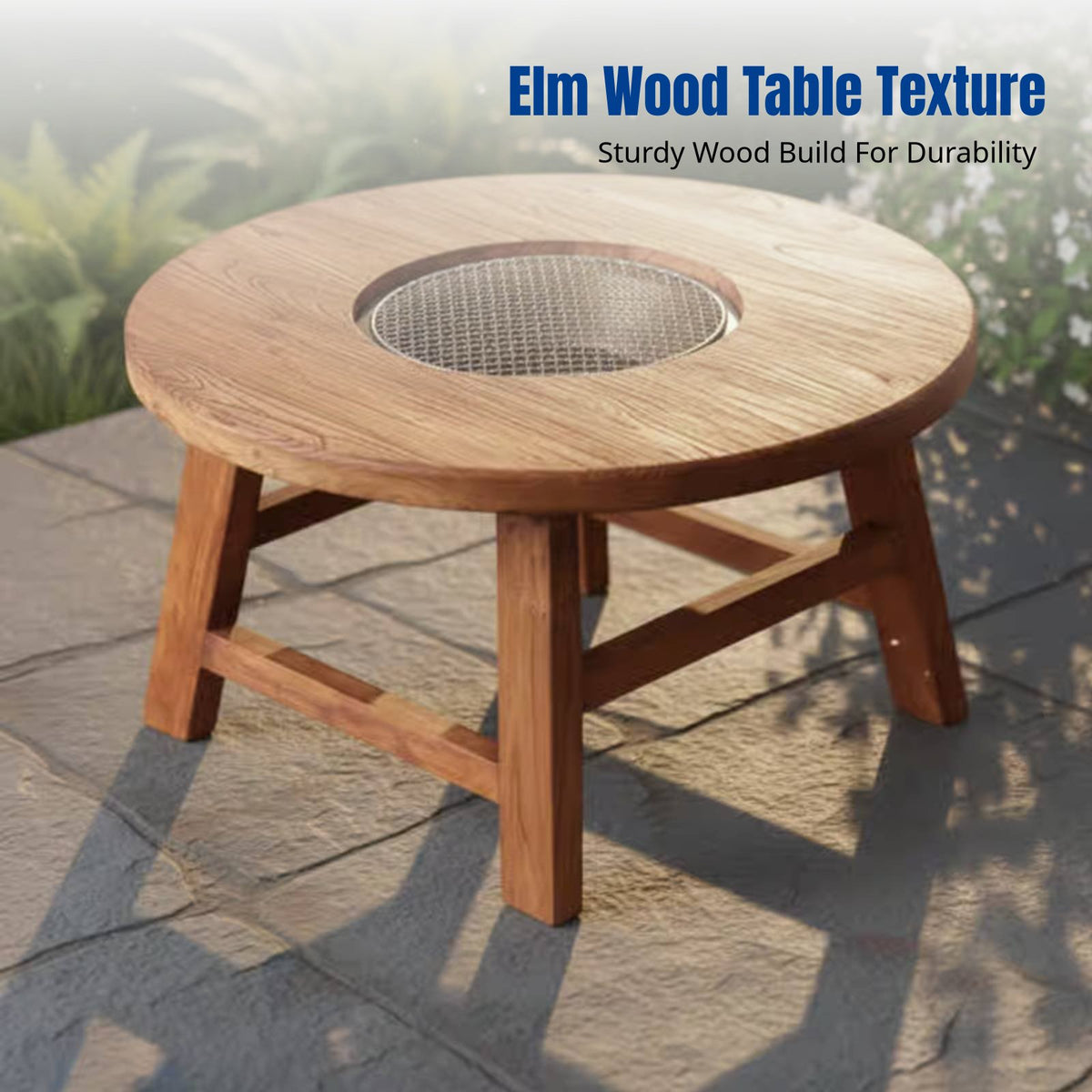 Hardwood Tea Table, Round Fire Pit Table, Vintage Design, Multi-Functional for Balcony, Outdoor, Barbecue, Hot Pot