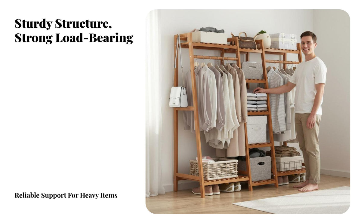 Multi-Functional Clothes Hanging Rack Multifunctional Freestanding Clothes Rack with Shelves Multiple Storage Areas Accessible Wardrobe with Hanging Sturdy & Long-Lasting for Apartment Dwellers, Homeowners, Students, Bedroom, Cloakroom, Entryway
