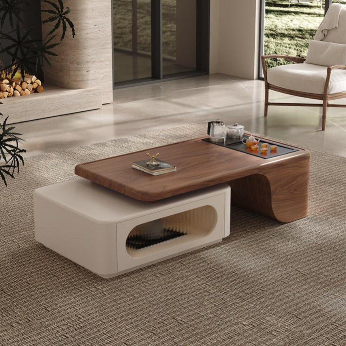 Walnut Color Finish Asymmetrical Leg Coffee Table Modern Minimalist Design Household Furniture Integrated brew station surface Home Furnishing Retro & design for home dwellers, Living Room, Reception Area
