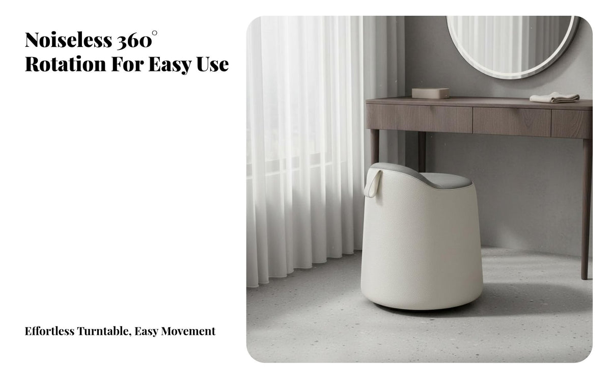 Modern Design Upholstered Swivel Pouf High-Density Foam Cushion Vanity Seat Compact Size Indoor Furniture Multi-Purpose Design for Makeup Users, Adults, Small Space Dwellers, Bedroom, Dressing Room, Under Desk, Bathroom