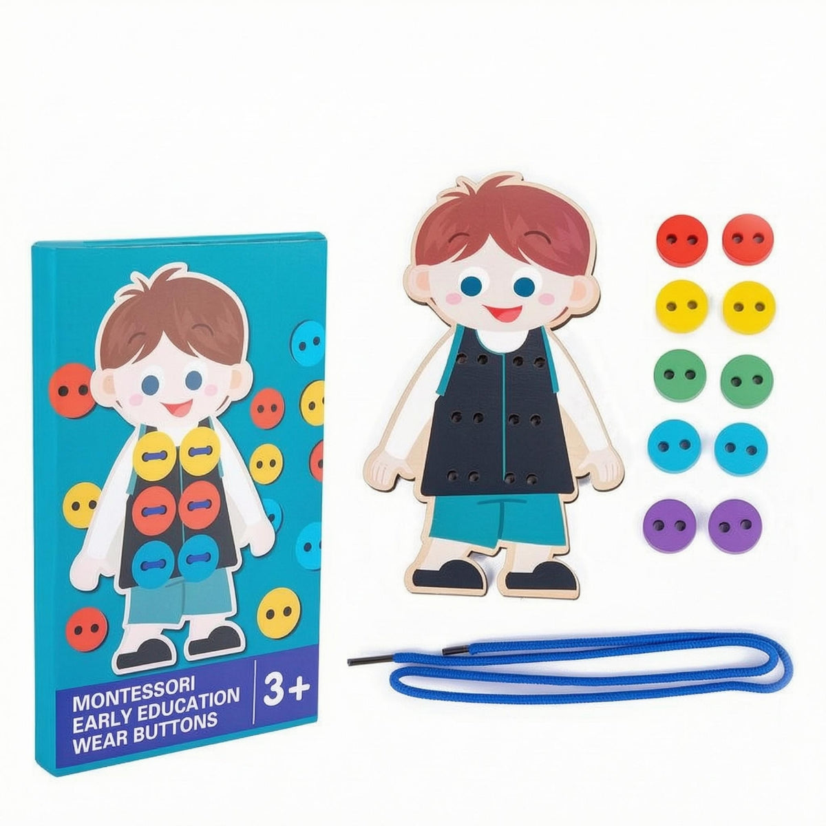 Punched Holes Wooden Threading Toy Hand-Eye Coordination Character-Shaped Lacing Board Finger Dexterity Lacing Toy Board Painted for Children, Early Learning