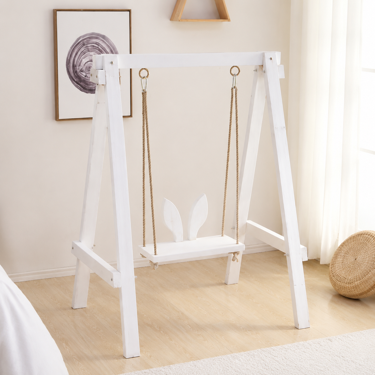 Small Wooden A-Frame Garden Swing for Children, White Wood Hanging Chair with Basket Seat, Modern Design for Patio