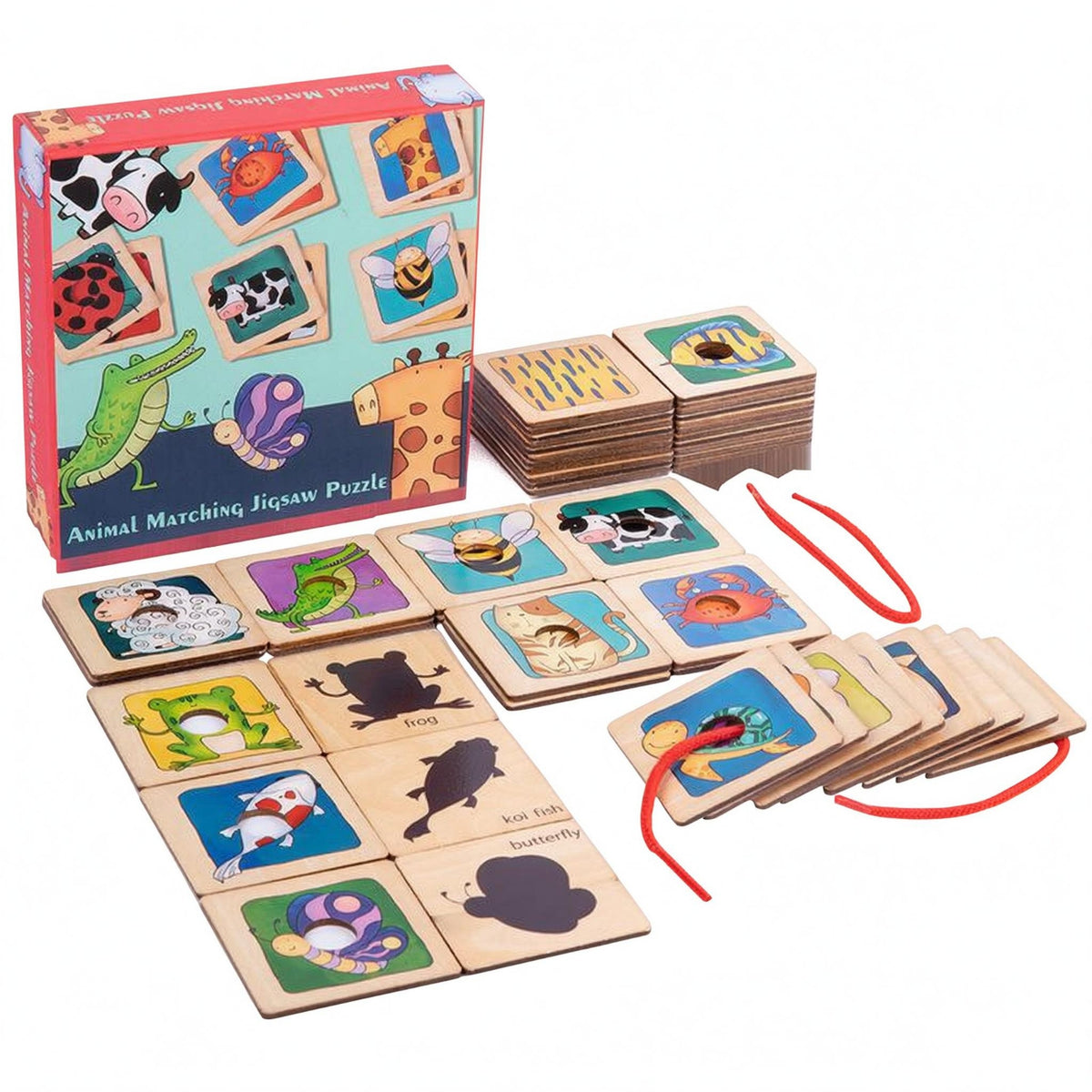 Linden Plywood Threading Puzzle Flat Tiles Animal Shadow Puzzle Fine Motor Skills Wooden Animal Sorting Board