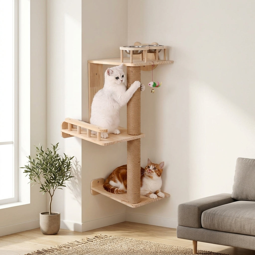 Wall Mounted Feline Perch with Sisal Scratching Surface, Sturdy Wood Indoor Climbing Frame