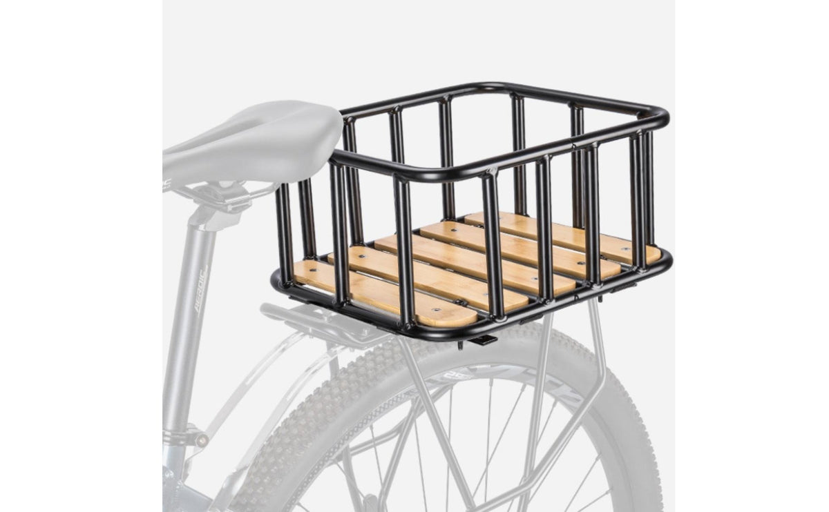 Cycle Rear Basket Thickened Frame Bike Rear Basket Wooden Bottom Board for Shopping, Commuting, City Riding