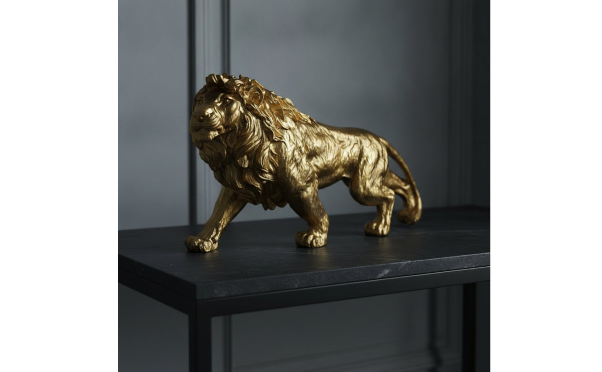 Lion Figurine Antique Gold Lion Statue Metal-Like Decor for Homeowners, Art Collectors, Bookshelf, Office Desk, Entryway