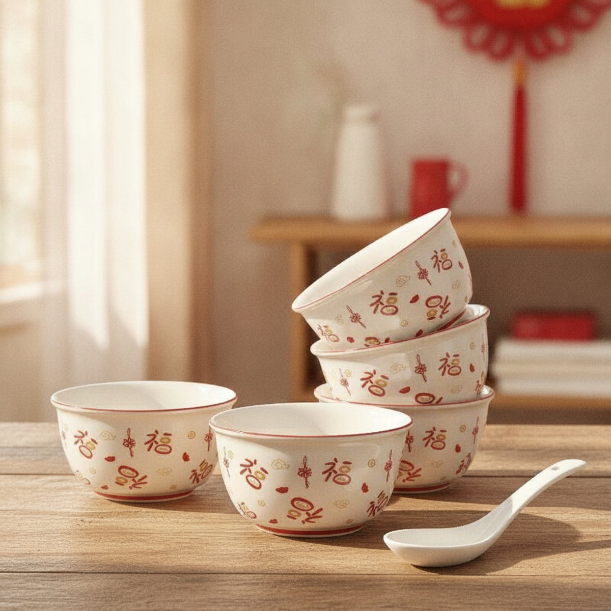 Rice Bowl Glazed Ceramic Bowl Celebratory Rice Bowls for Families, Frequent Use, New Year Dinner
