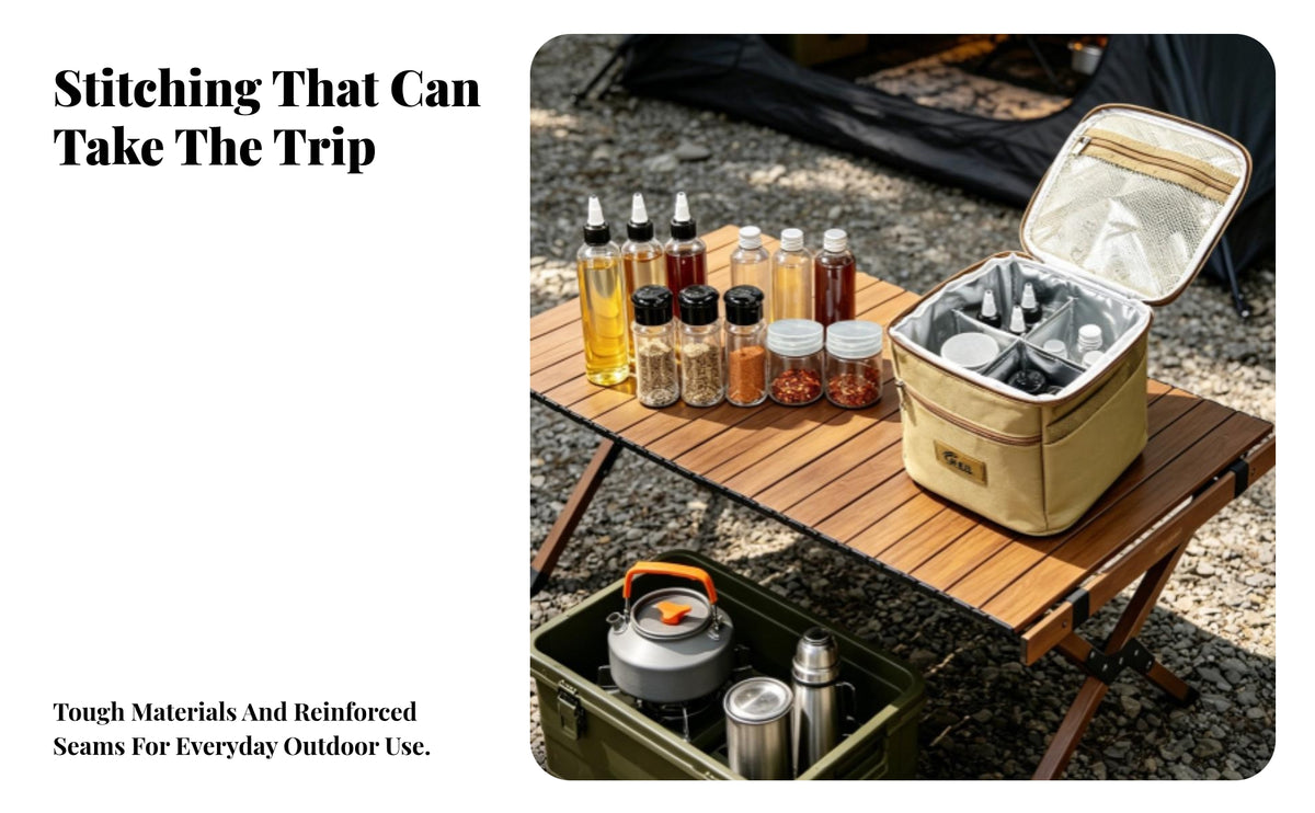 Condiment Storage Bag with Bottles | Zippered upper cover, Insulated Interior Lining, Camping Spice Jars Organizer Kit with Storage Bag, for Outdoor Cooking