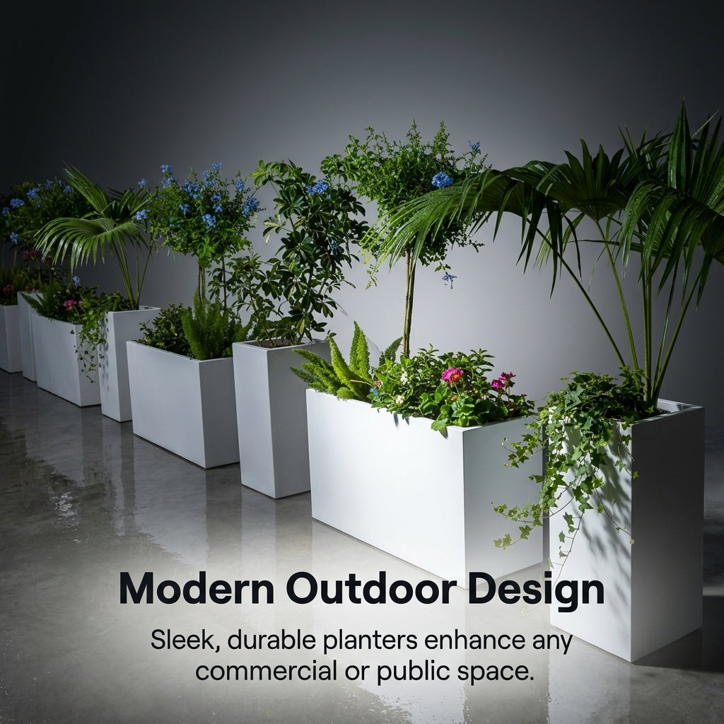 Round White Metal Outdoor Planter Box, Galvanized Stainless Steel Flower Pot for Patio, Commercial Street Planter Boxes for Businesses