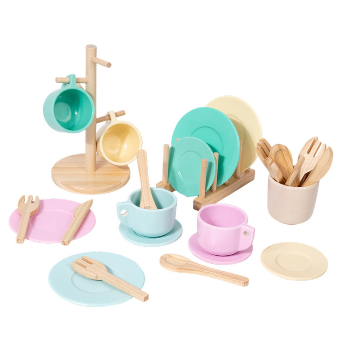 Wooden Play Dishes Set Pastel Pretend Play Tableware Toy Dishes with Stand, for Kids