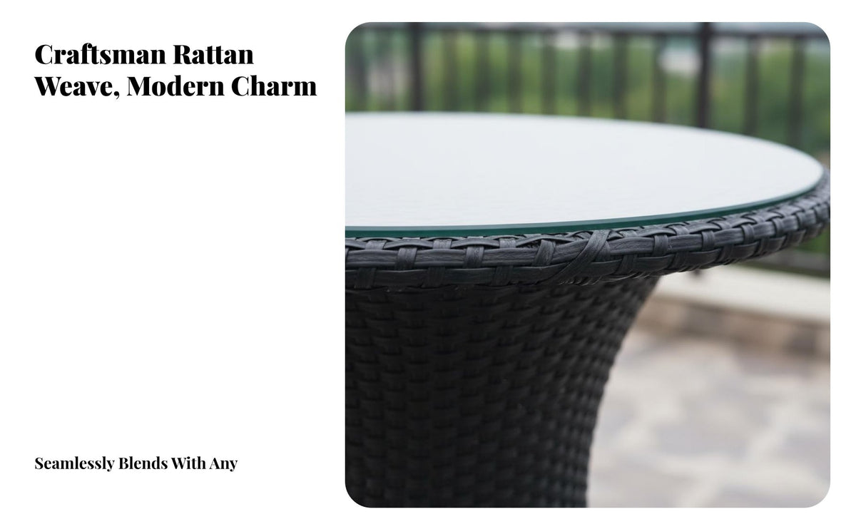 3 Pieces Balcony Table and Chairs Reinforced Glass Top Rattan Balcony Furniture Weather Resistant 3 Piece Rattan Dining Set for Living Room, Porch