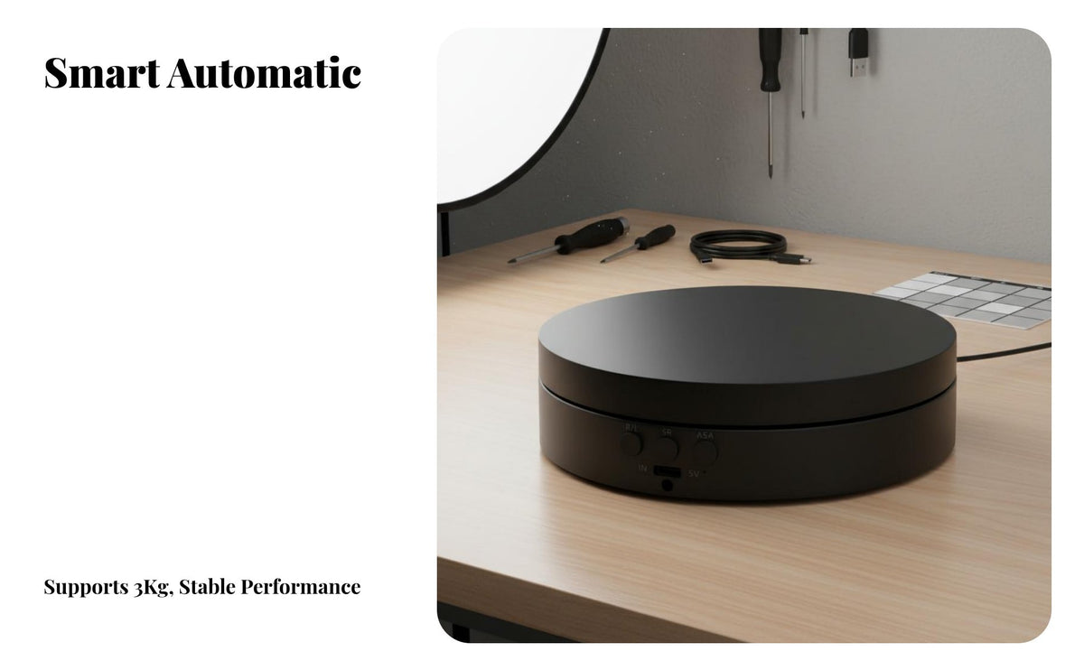 Electric Rotating Display Stand Adjustable Speed and Angle Automated Rotating Display Stand Multiple Power Options Automated Photography Turntable