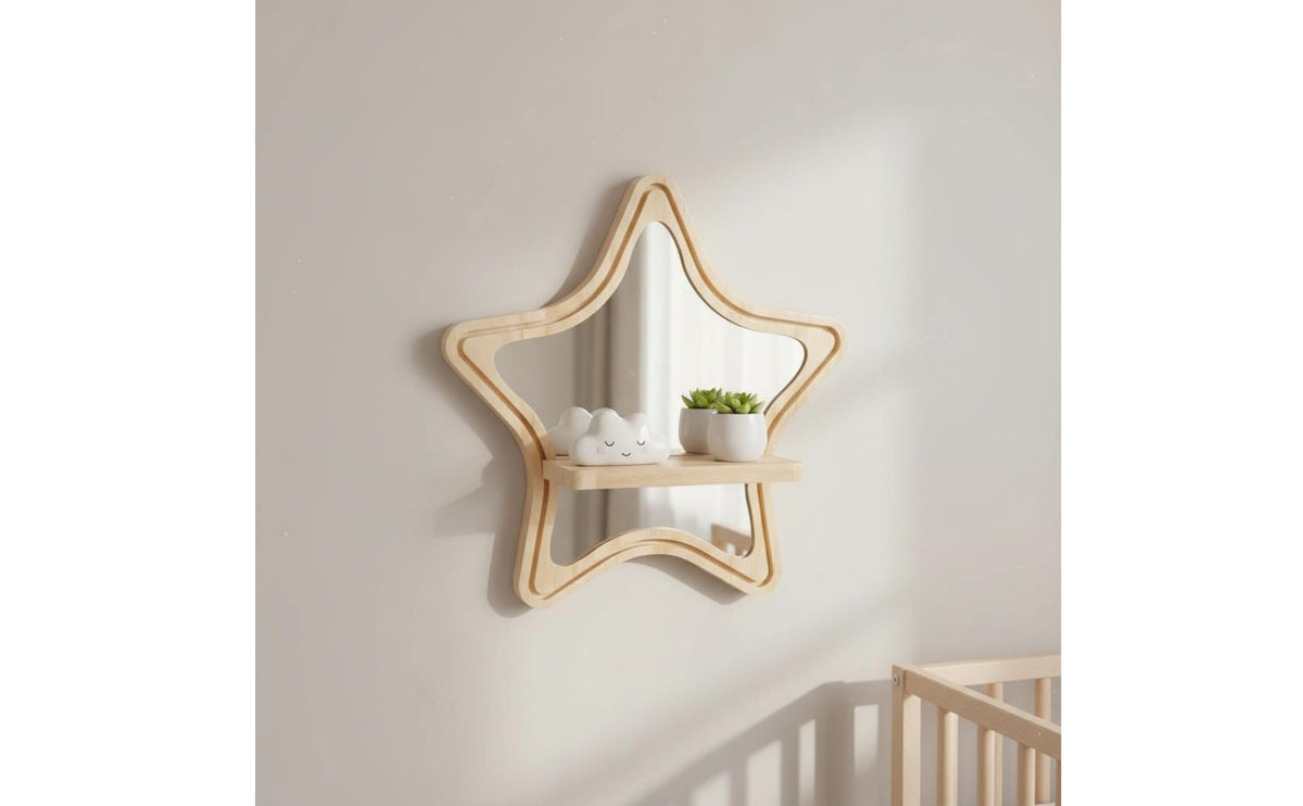 Wooden Artisanal-Star-Shaped Wall Decor Shelf Flower Display Star Mirror Shelf Space Saving for Living Room, Bedroom