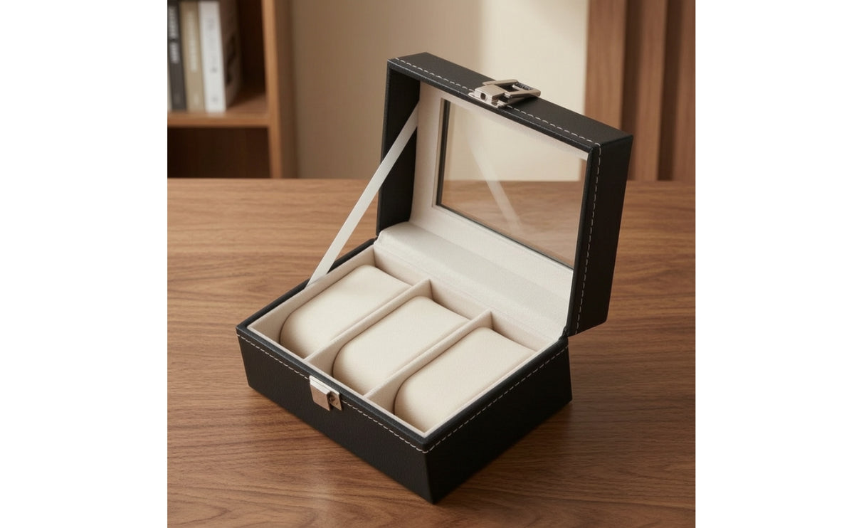3-Slot Watch Box Leatherette Watch Case Display-Ready Transparent for Men, Dresser