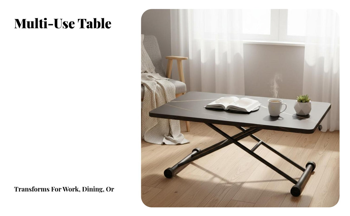 Foldable Design elevatingTop Coffee-to-Dining Table Height-Adjustable elevatingTop Folding Table Sturdy Construction Living Room Furniture Rounded Corners for Apartment Dwellers, Students, Home Workers, Small areas