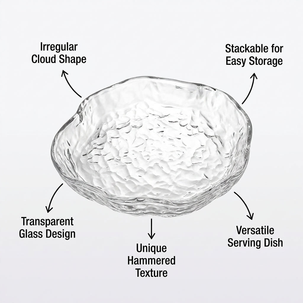 Irregular Glass Serving Dish with Hammered Texture, Transparent Fruit Plate for Dessert Modern Tea Tray