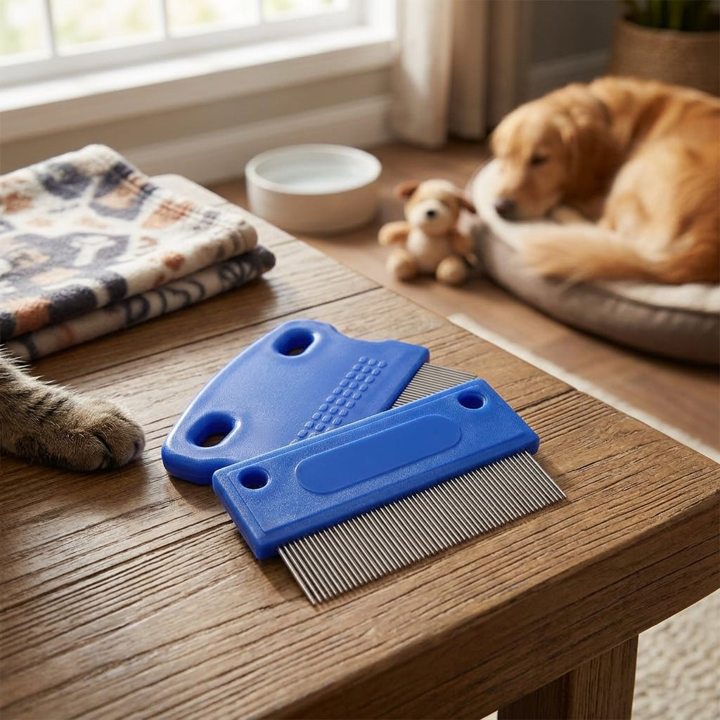 Teddy Dog Grooming Kit with 2 Blue Pieces, Stainless Steel Cat Comb for Pet Hair Removal, Fine Tooth Lice Comb for Bichon, 6.3*3.3cm Dog Comb