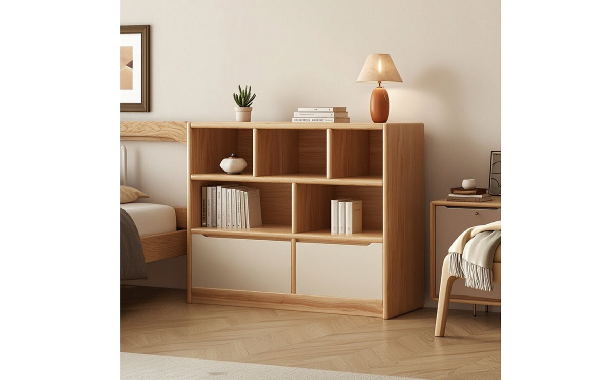 Low Bookshelf with Cubbies Wood Grain Bookcase with Doors Floor-Standing Low Bookcase for Bedroom, Reading Corner