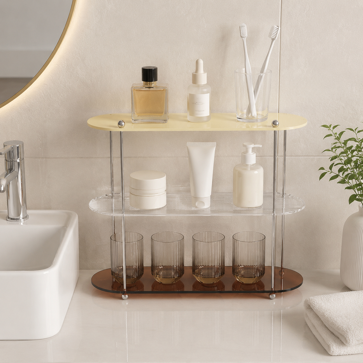 Large 3-Layer Acrylic Display Shelf, Clear Tiered Storage Rack for Cups & Tea Sets, Modern Desktop Organiser Stand