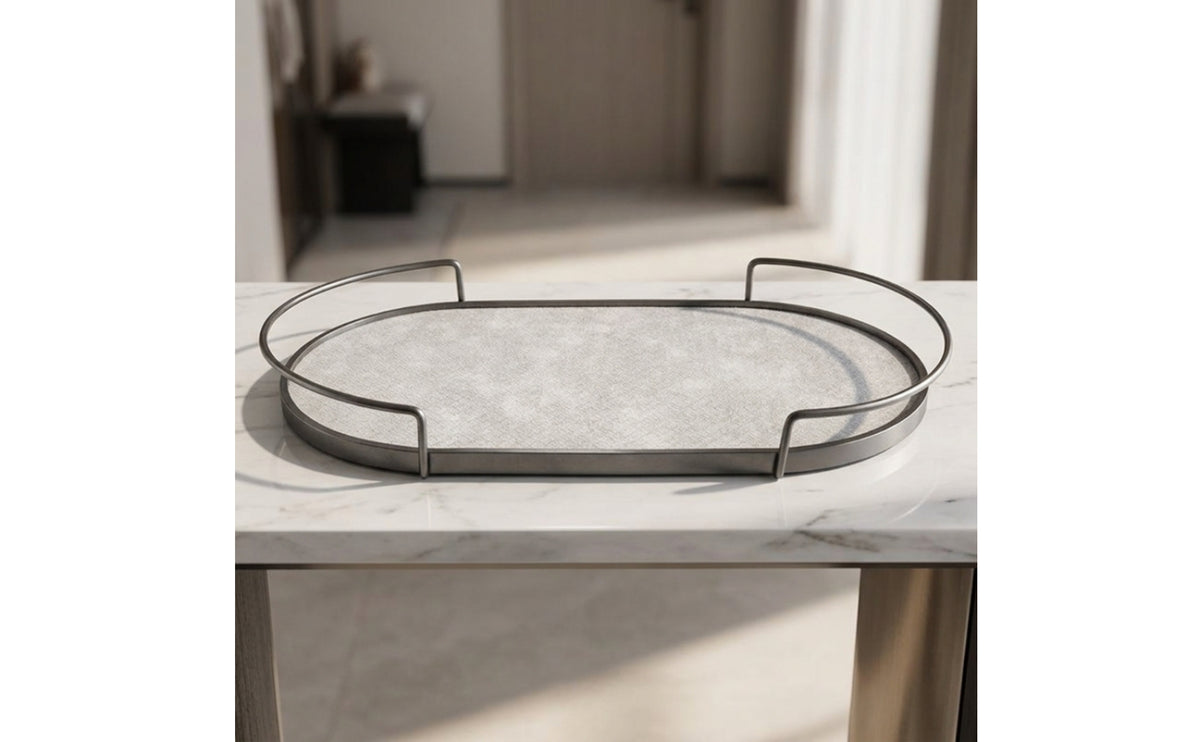 Elliptical Tray with Metal Rim Textured Elliptical Tray Low Profile for Coffee Table, Entryway