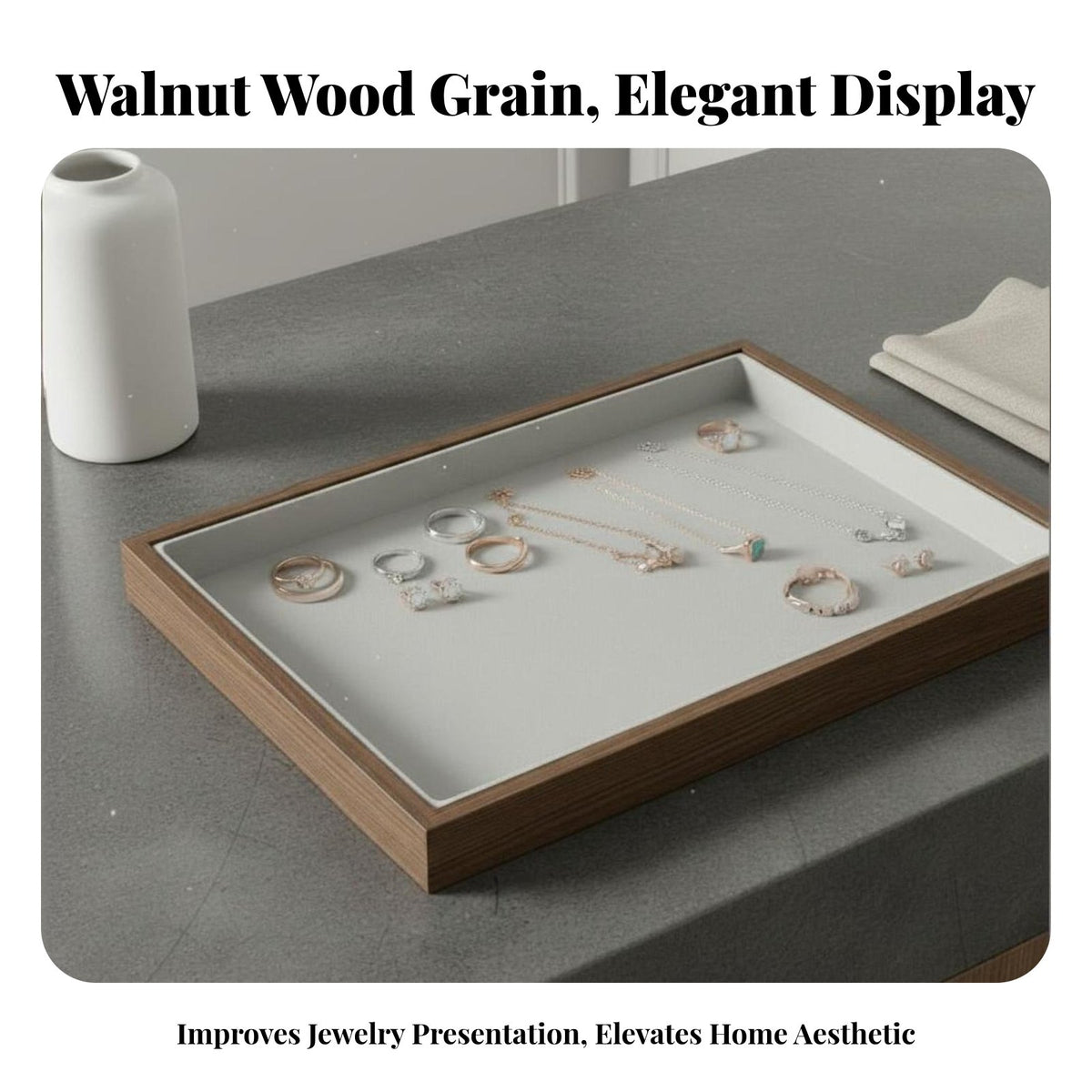 Multi-Functional Jewelry Display Tray Scratch Protection Walnut Wood Grain Accessory Tray Stackable Design for Vendors, Trade Exhibit