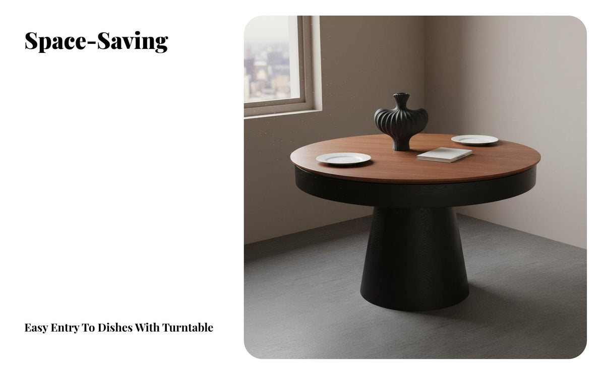 Expandable Round Dining Table Space Saving Rotating Extension Dining Table Complete Turn Mechanism Quality Home Furniture for Families, Small Areas