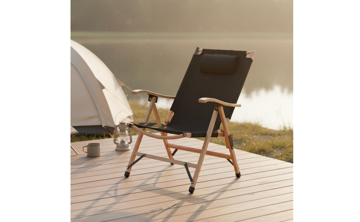 Foldable Design Folding Wooden Lounge Chair Long-Lasting Hardwood Wooden Folding Recliner Wear-Resistant Oxford Cloth Solid Wood Lounge Chair High Load Capacity for Camping, Picnic, Backyard, Fishing