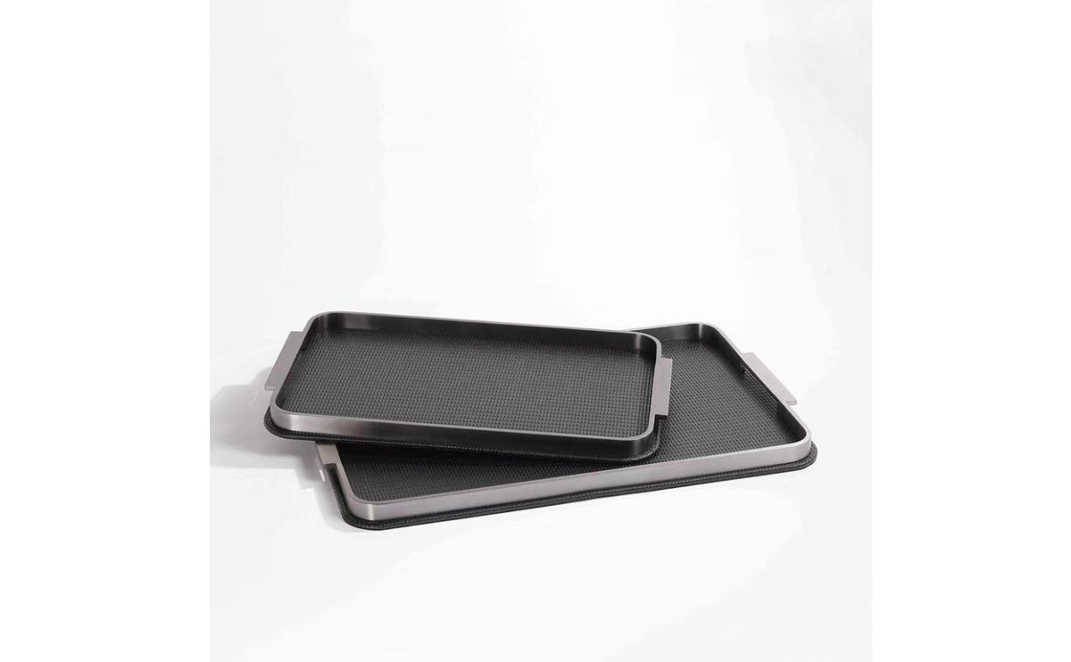 Leather Tray with Metal Frame Textured Rectangular Tray with Handles for Coffee Table