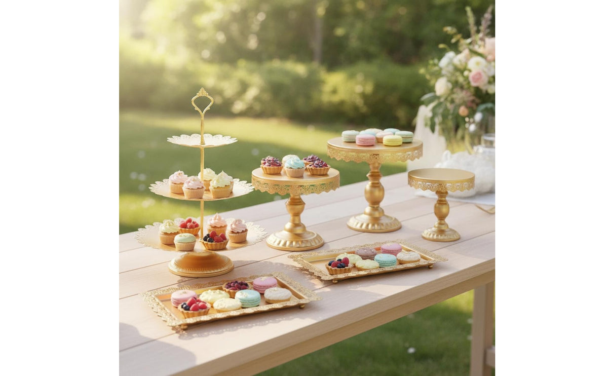 6 Pieces 3 Tier Cake Stand with Grip Handle Ornate Cake Stand Set Gold Pastry Serving Trays for Wedding Planners