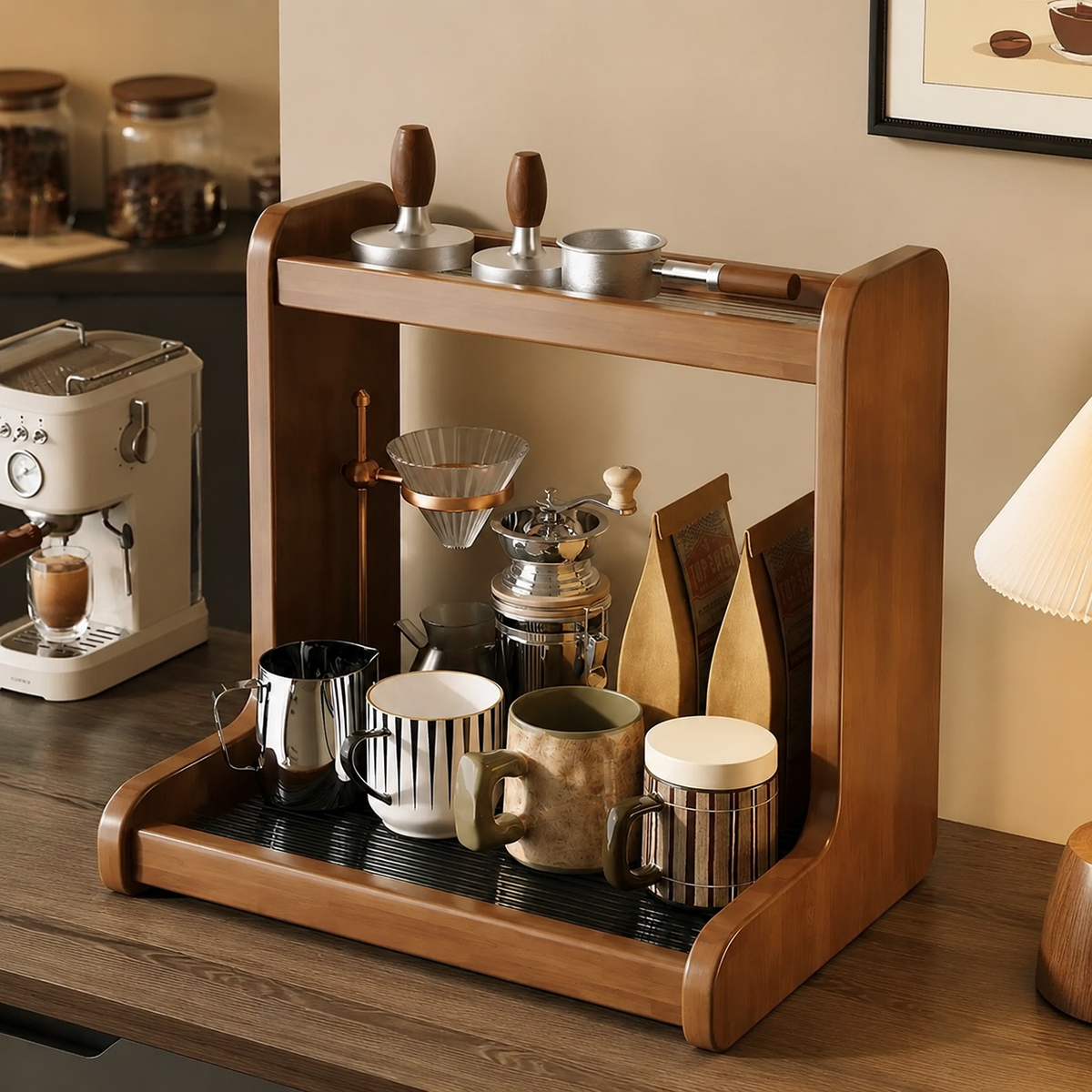 2 Tier Bamboo Shelf, Kitchen Shelf Organiser for Countertop, 40cm Warm Brown Desktop Storage Rack, Timeless Spice Tea Coffee Station