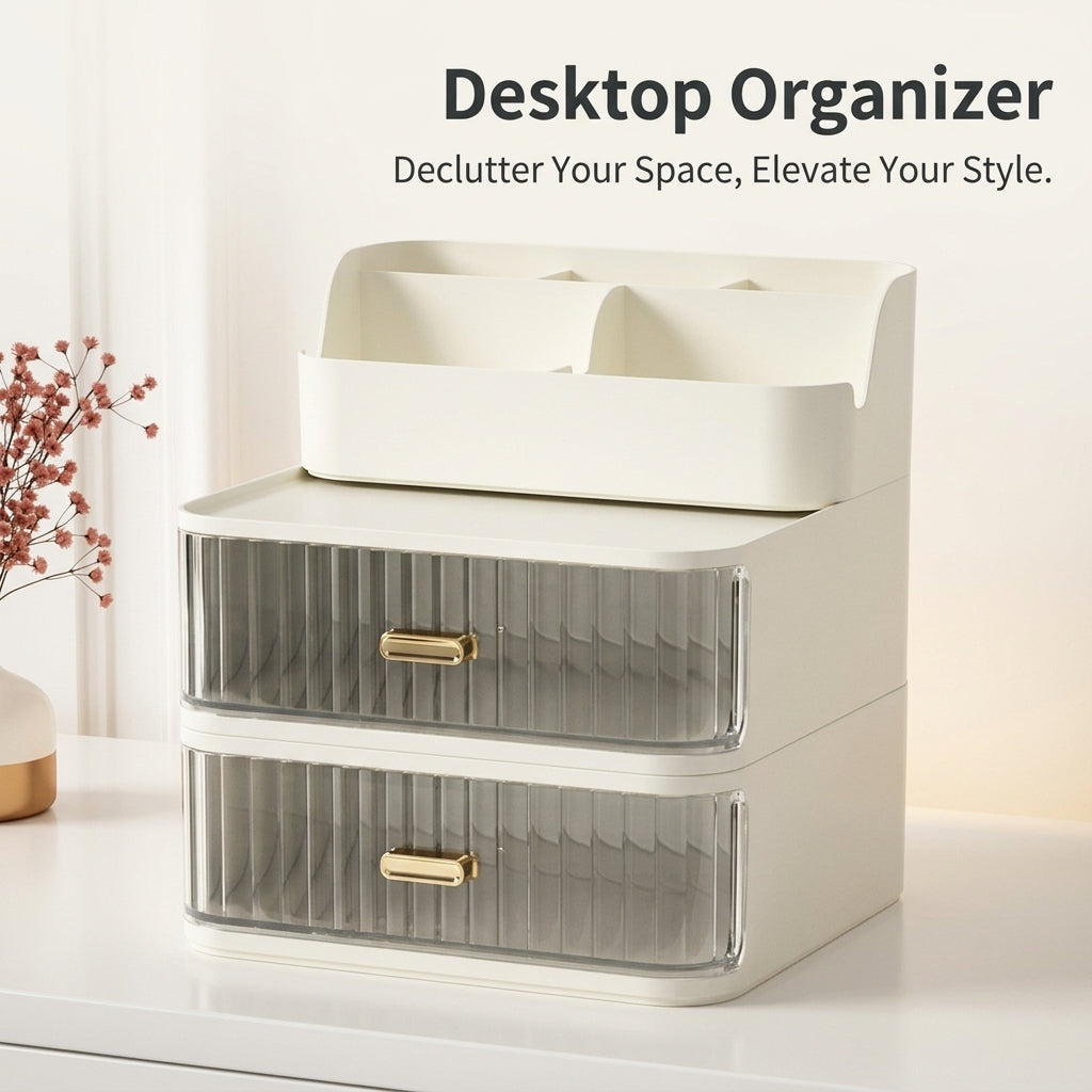 2-Tier Stackable Desktop Drawers with Pen Holder, Desk Storage Organizer Box, Small for Office Supplies Stationery