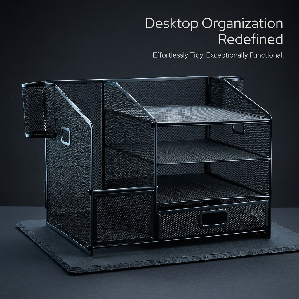 4 Tier Desk Storage with Drawer, Metal Mesh File Organizer for Students, Stackable Desktop Paper Filing Rack for Office Supplies