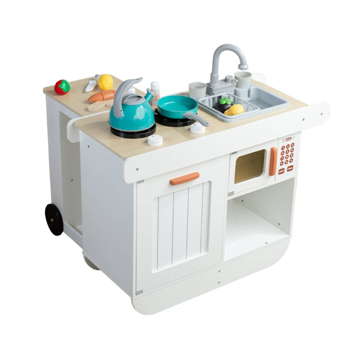 Children's Kitchen Playset Storage Shelves Wooden Pretend Kitchen Cart Fireplace-Style for Children