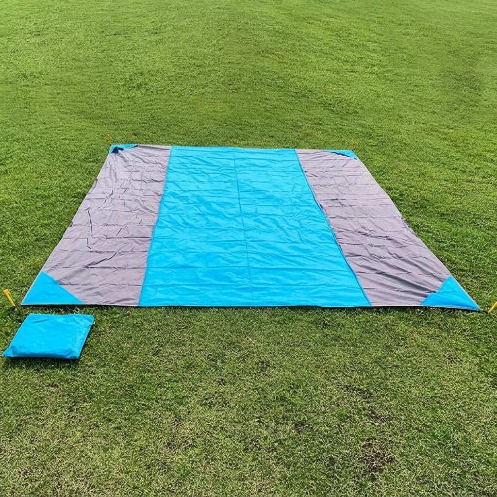 Picnic Blanket and Waterproof Camping Mat for Outdoor Activities, Extra Large Sandproof Beach Blanket with Stakes, Polyester Camping Gear, Blue