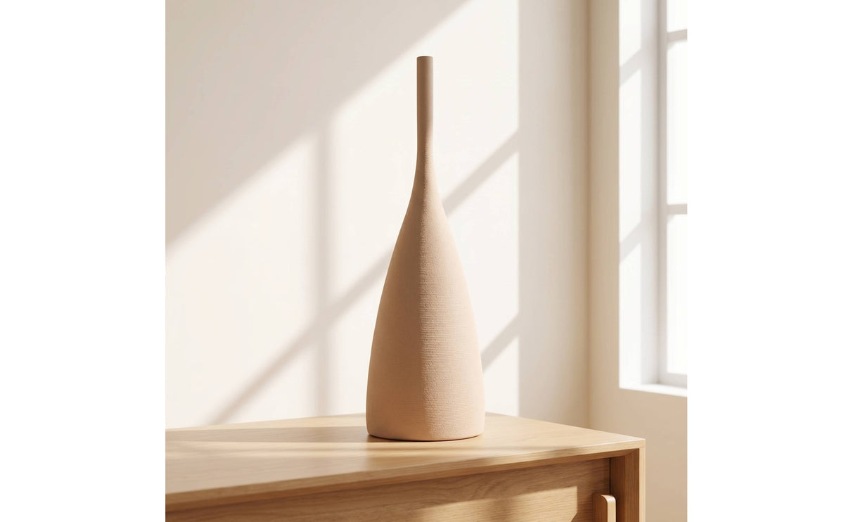Ceramic Vase with Slender Neck Textured Sculptural Bottle Vase Matte Brushed for Tabletop Decoration, Home Display