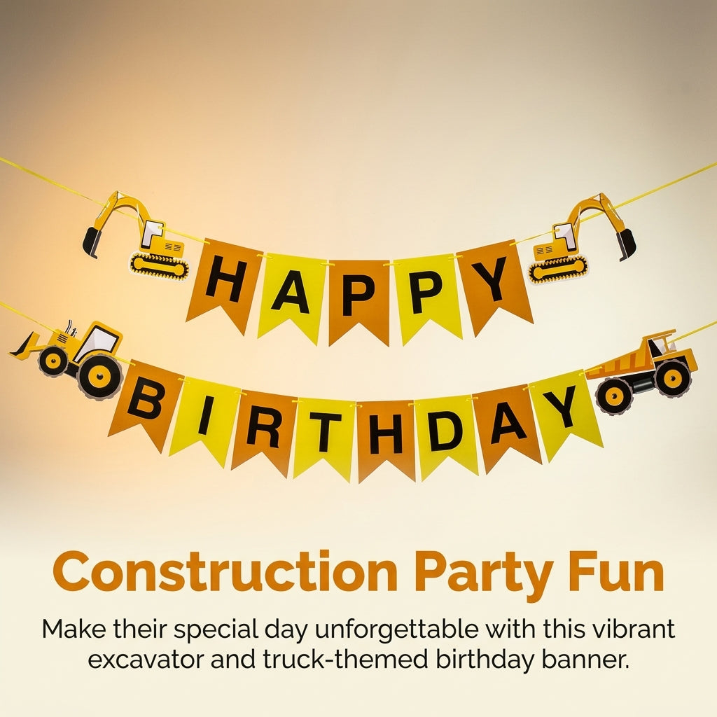 Construction Vehicle Birthday Banner for Kids Party, Theme Birthday Party Banner Pull Flag, Kids Party Decorations, OPP Bag Packaging