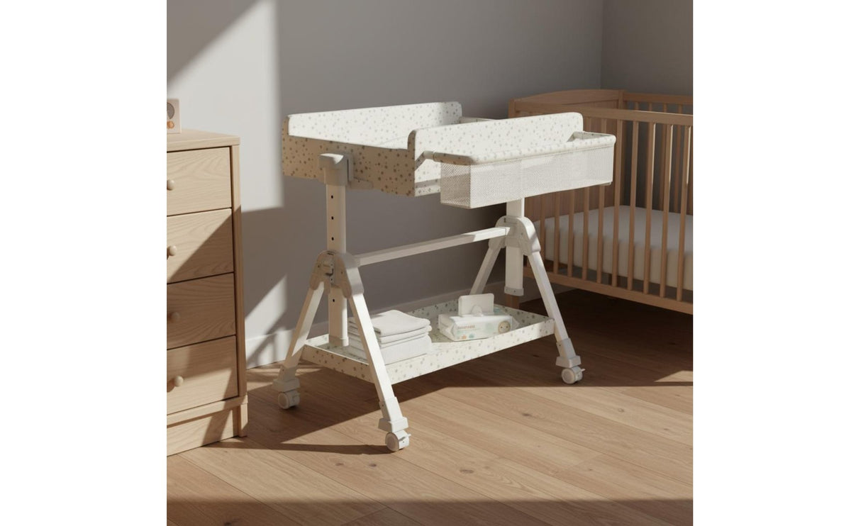 Multi-Functional Mobile Baby Changing Station Silent Casters Adjustable Height Changing Table Formaldehyde-Safe Foldable Diaper Table for Newborns, Infants