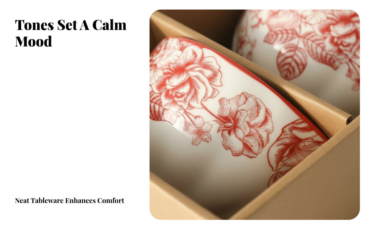 Wedding Dinnerware Set, High-End Ceramic Bowls & Plates, Red Floral Gift Box, Adult Tableware