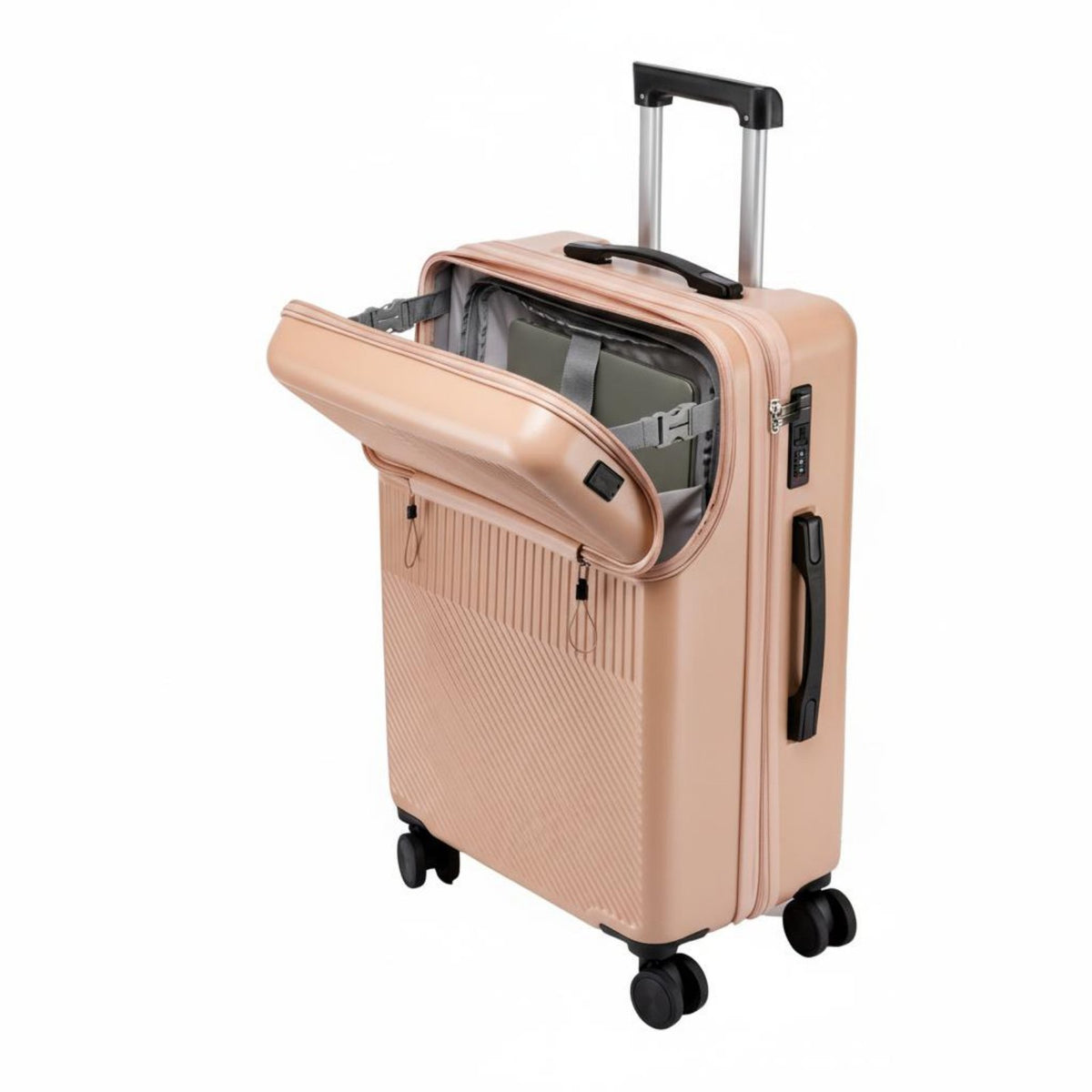 USB & Type-C Charging Port Front Opening Travel Case Foldable Cup Holder Front Compartment Luggage Adjustable Telescopic Handle for Vacation