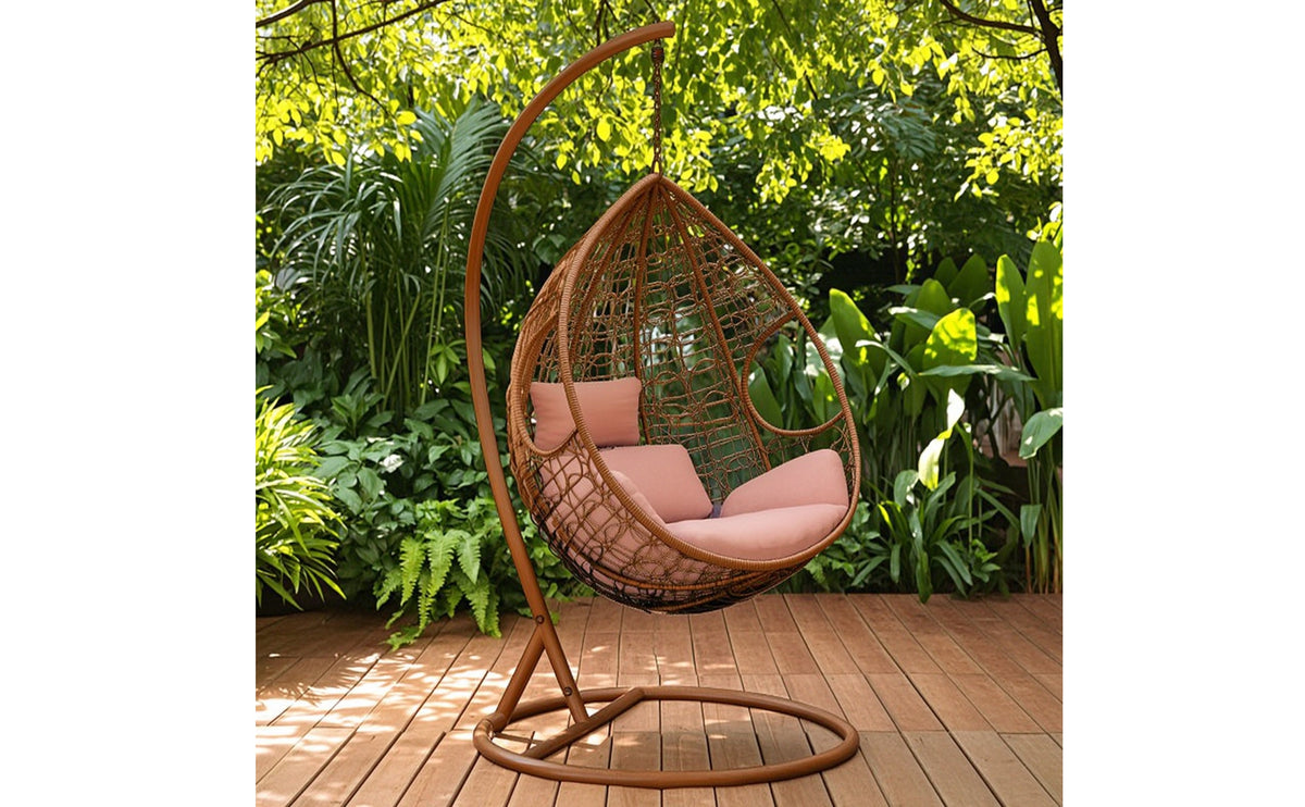 Cushioned Hanging Egg Chair with Stand Woven Egg Chair with Stand Weather-Resistant Furniture Heavy-Duty for Patio, Balcony