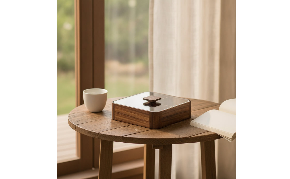 Wooden Snack Box with Glass Lid Multi-Compartment Divided Snack Box Clear Serving Tray with Glass Lid for Tea Table
