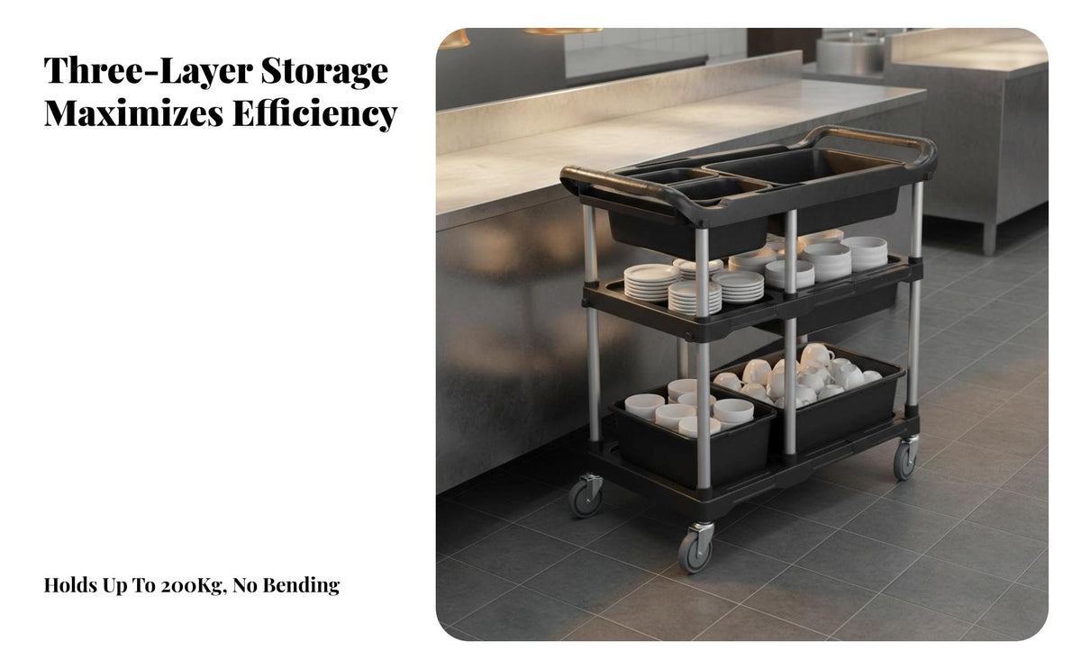 High Load Capacity Plastic Service Trolley with Wheels Long-Lasting PP Material Restaurant Service Cart Raised Edges Plastic Rolling Trolley Easy to Clean for Caterers, Kitchen Employees, Away Ice Workers, Cafeteria, Banquet Hall, Warehouse, Garage