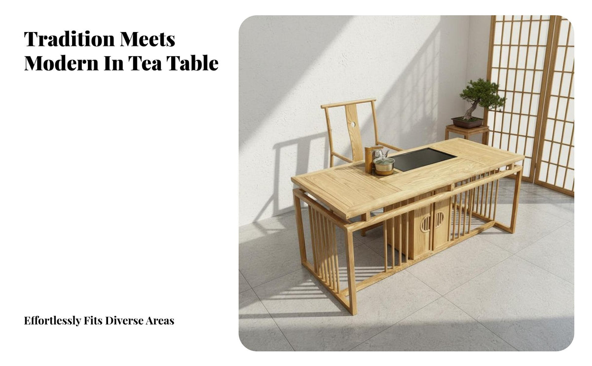 Mortise and Tenon Joinery Chinese Design Tea Table Water-Based Varnish Solid Wood Tea Ceremony Table Fully Assembled Ash Wood Dining Set Traditional Design for Cultural Enthusiasts, Interior Decorators, Living Room, Reception Area, Office, Gatherings