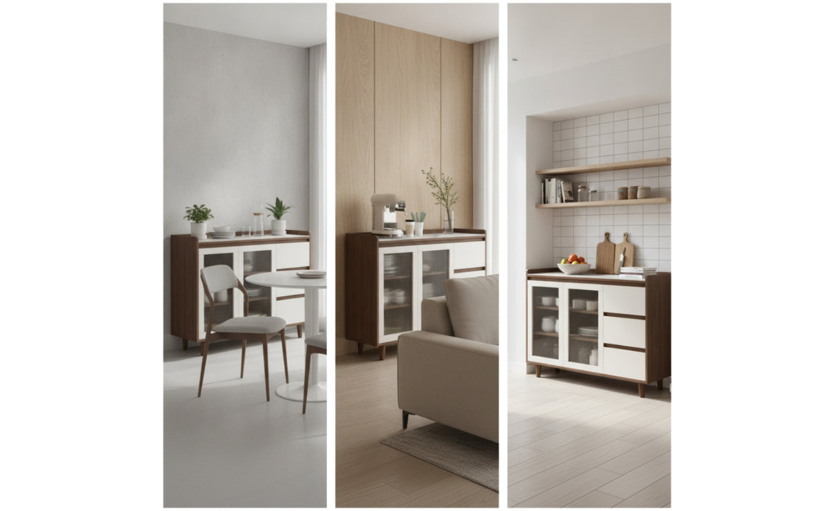 Storage Cabinet with Glass Doors Walnut Cabinet with Glass Doors Wood-Grain Sideboard for Dining Room, Coffee Corner, Apartment