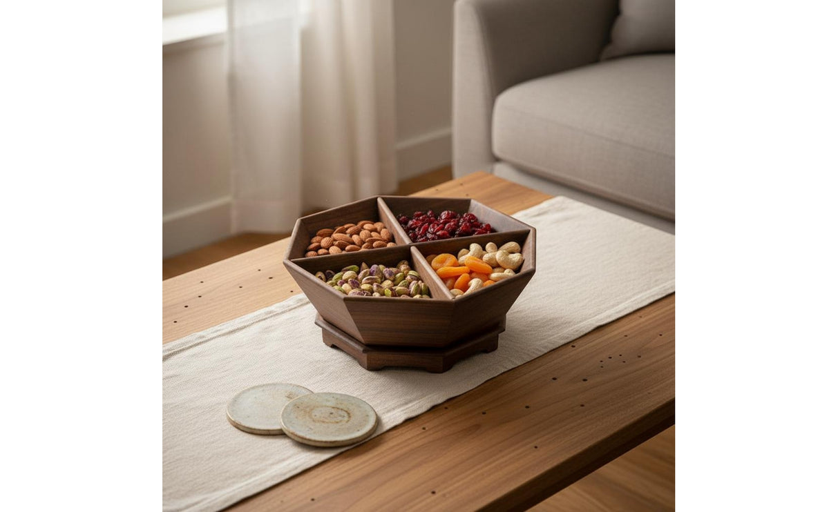 Nut and Fruit Tray Simple Style Wooden Compartment Tray Easy to Sort Four Section Snack Bowl for Living Room Table, Tea Time