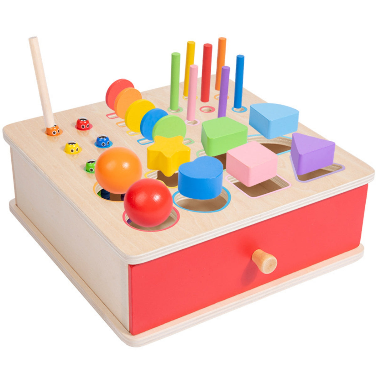 Drawer Style Educational Sorting Box Wooden Coin Insertion Toy Natural Wood Shape Matching Box Bright Colors for Toddlers, Preschoolers