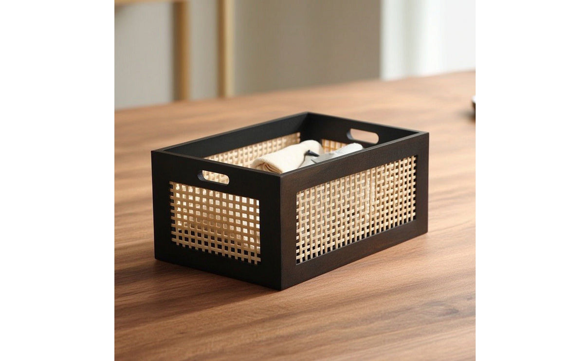 Basket with Wooden Frame Vintage Design Desk Organizer Basket Woven Container Bin for Cabinet
