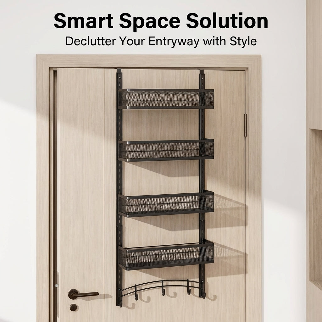Bedroom and Closet Hanging Organizer for Students, Carbon Steel Narrow Over the Door Storage Rack with Removable Hooks, Adjustable Wall Mount Design
